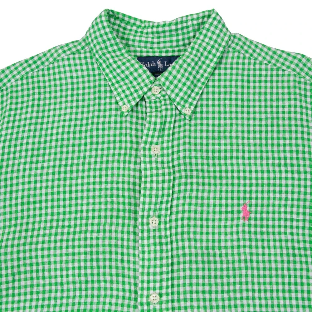 Vintage Polo Ralph Lauren Mens XL Green Gingham Classic Fit 100% Linen SS Shirt